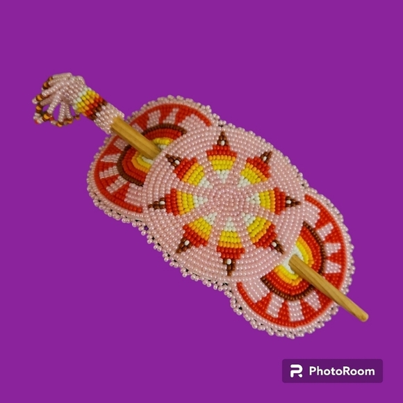 Native American Style Beaded Ponytail Bun Hair Stick Barrette - Picture 1 of 8